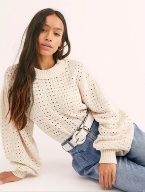 Free People Paper Doll Open Knit Chunky ‎ Ivory Pullover Sweater Size Medium